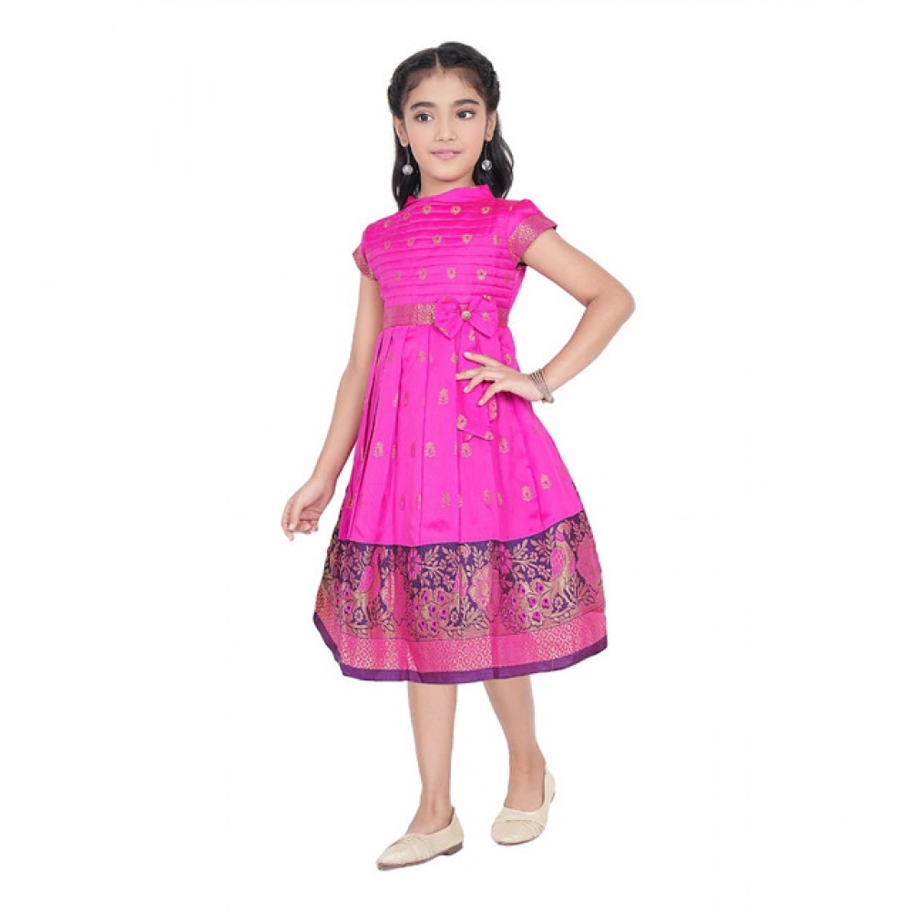 Generic Girl's Brocket Silk Printed Short Sleeve Close Neck Dress (Rani Pink)