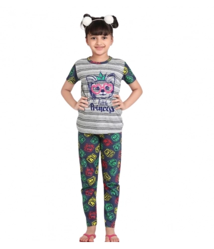 Generic Girl's Cotton Hosiery Printed Night Suit Set (Grey-Green)
