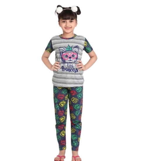 Generic Girl's Cotton Hosiery Printed Night Suit Set (Grey-Green)