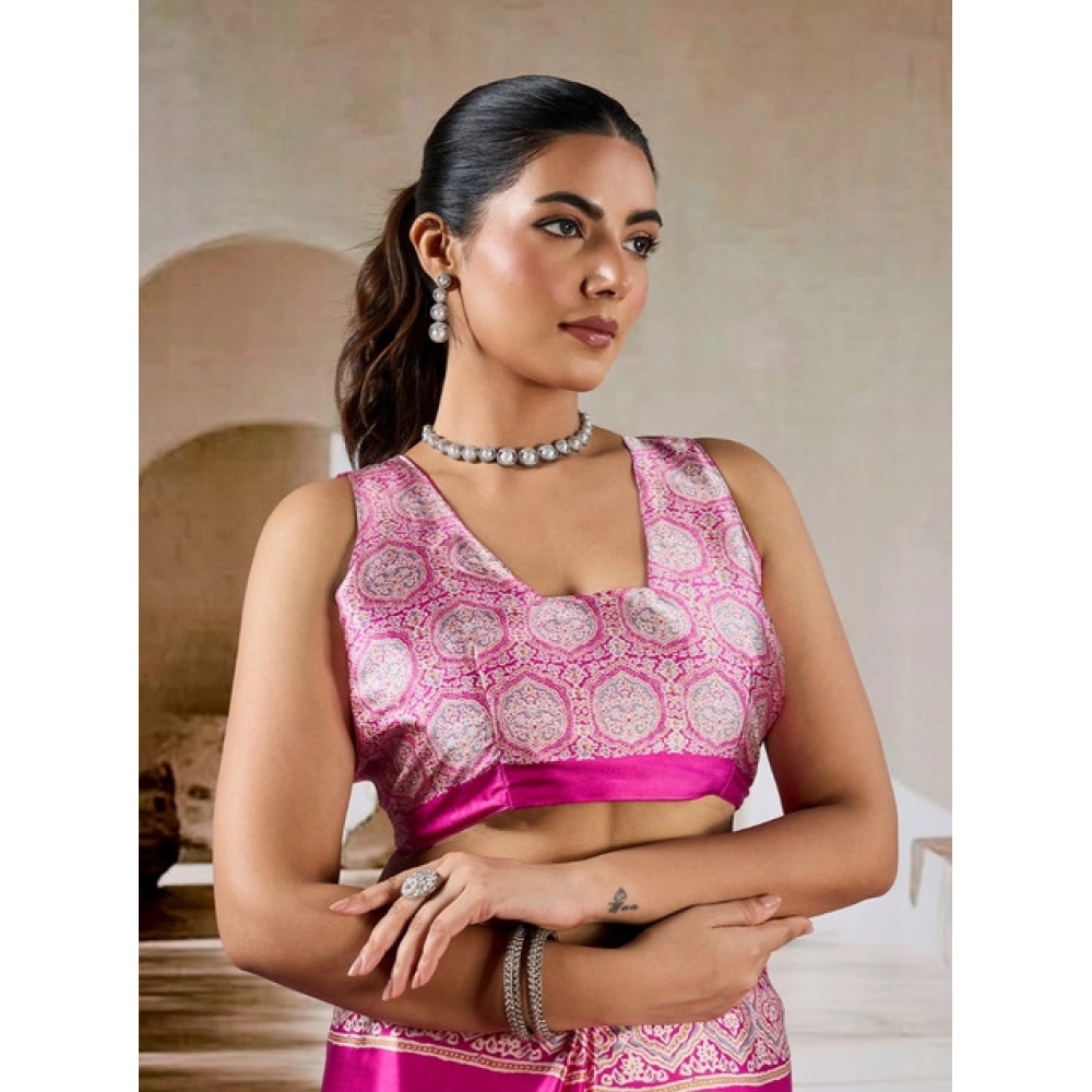 Generic Women's Satin Crepe Printed Saree With Unstitched Blouse 5.5Mtr (Pink)