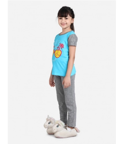 Generic Girl's Cotton Hosiery Printed Night Suit Set (Blue-Grey)