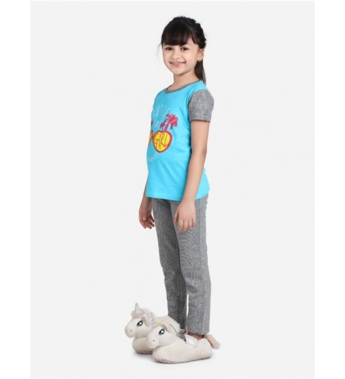 Generic Girl's Cotton Hosiery Printed Night Suit Set (Blue-Grey)
