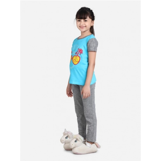 Generic Girl's Cotton Hosiery Printed Night Suit Set (Blue-Grey) Generic Girl's Cotton Hosiery Printed Night Suit Set (Blue-Grey)