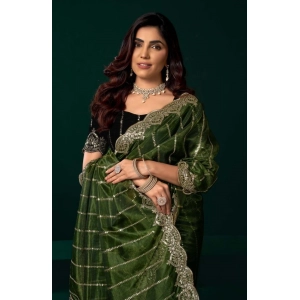 Generic Women's Net Sequence Saree With Unstitched Blouse 5.5Mtr (Green)