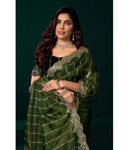 Generic Women's Net Sequence Saree With Unstitched Blouse 5.5Mtr (Green)