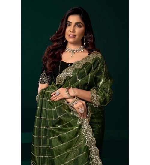 Generic Women's Net Sequence Saree With Unstitched Blouse 5.5Mtr (Green)