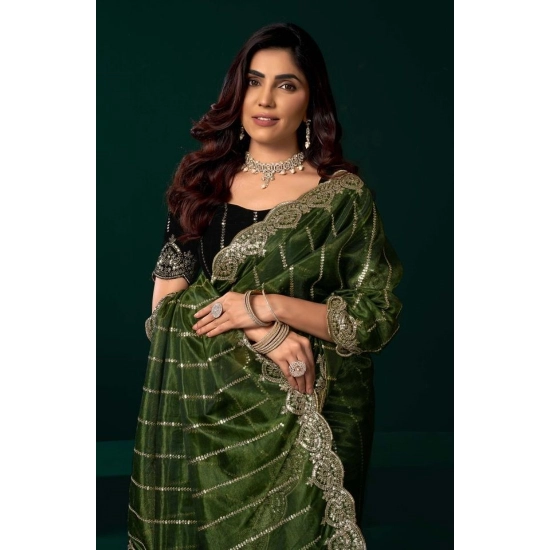 Generic Women's Net Sequence Saree With Unstitched Blouse 5.5Mtr (Green) Generic Women's Net Sequence Saree With Unstitched Blouse 5.5Mtr (Green)