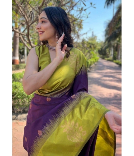 Generic Women's Soft Lichi Silk Printed Saree With Unstitched Blouse 5.5Mtr (Purple)