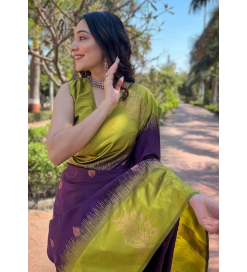 Generic Women's Soft Lichi Silk Printed Saree With Unstitched Blouse 5.5Mtr (Purple)