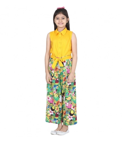 Generic Girl's Rayon Flamingo Print Sleeveless Jumpsuit (Yellow-Multicolor)