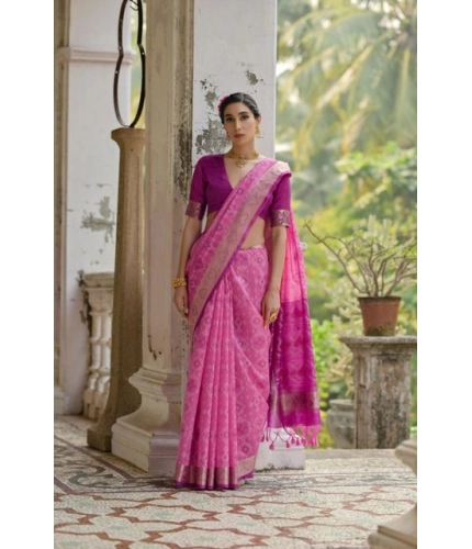 Generic Women's Silk_Blend Ethnic Ikat Pattern Saree With Unstitched Blouse 5.5Mtr (Pink)