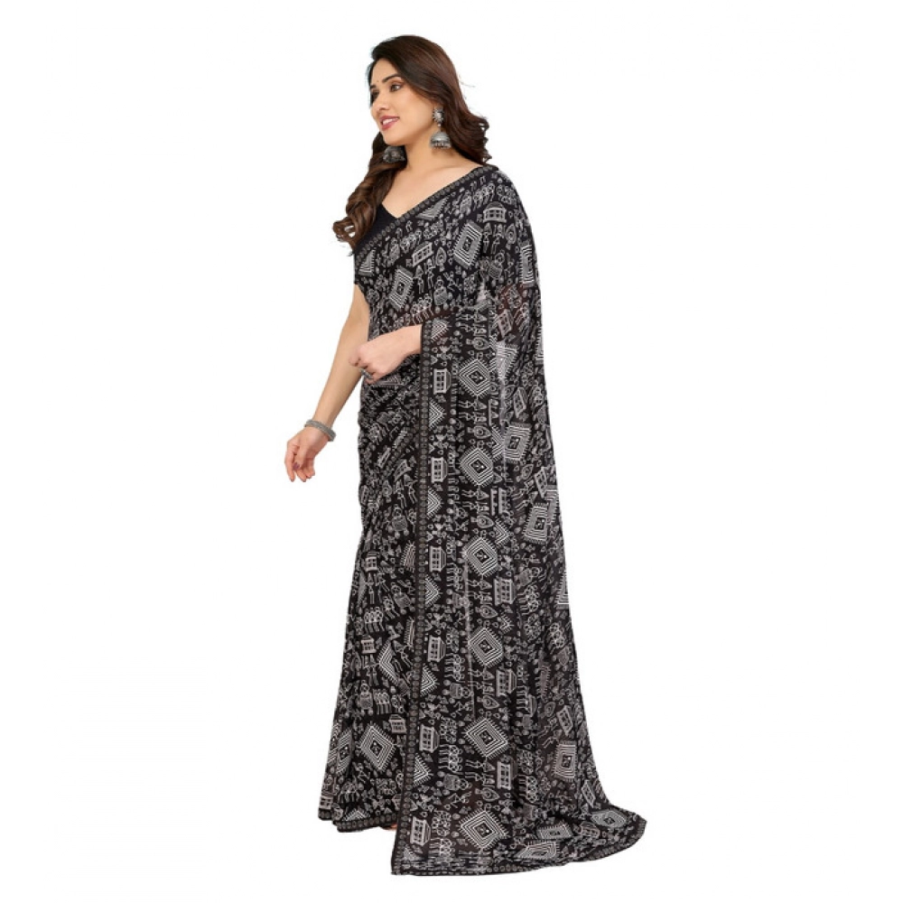 Generic Women's Georgette Printed Saree With Unstitched Blouse 5.5Mtr (Black) Generic Women's Georgette Printed Saree With Unstitched Blouse 5.5Mtr (Black)