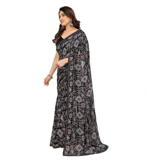 Generic Women's Georgette Printed Saree With Unstitched Blouse 5.5Mtr (Black)