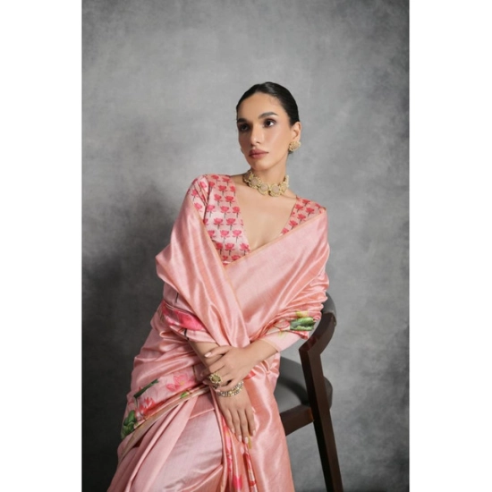 Generic Women's Cotton Printed Saree With Unstitched Blouse 5.5 Mtr (Peach)