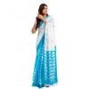 Generic Women's Faux Linen Leaf Print Ready to wear Saree With Unstitched Blouse 5.5Mtr (SkyBlue &amp; White)