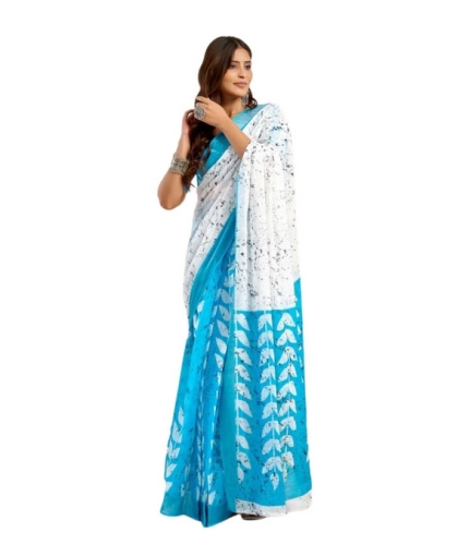 Generic Women's Faux Linen Leaf Print Ready to wear Saree With Unstitched Blouse 5.5Mtr (SkyBlue &amp; White)