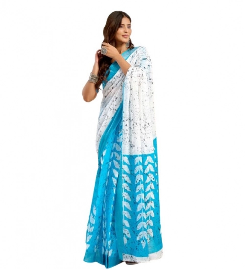 Generic Women's Faux Linen Leaf Print Ready to wear Saree With Unstitched Blouse 5.5Mtr (SkyBlue &amp; White)
