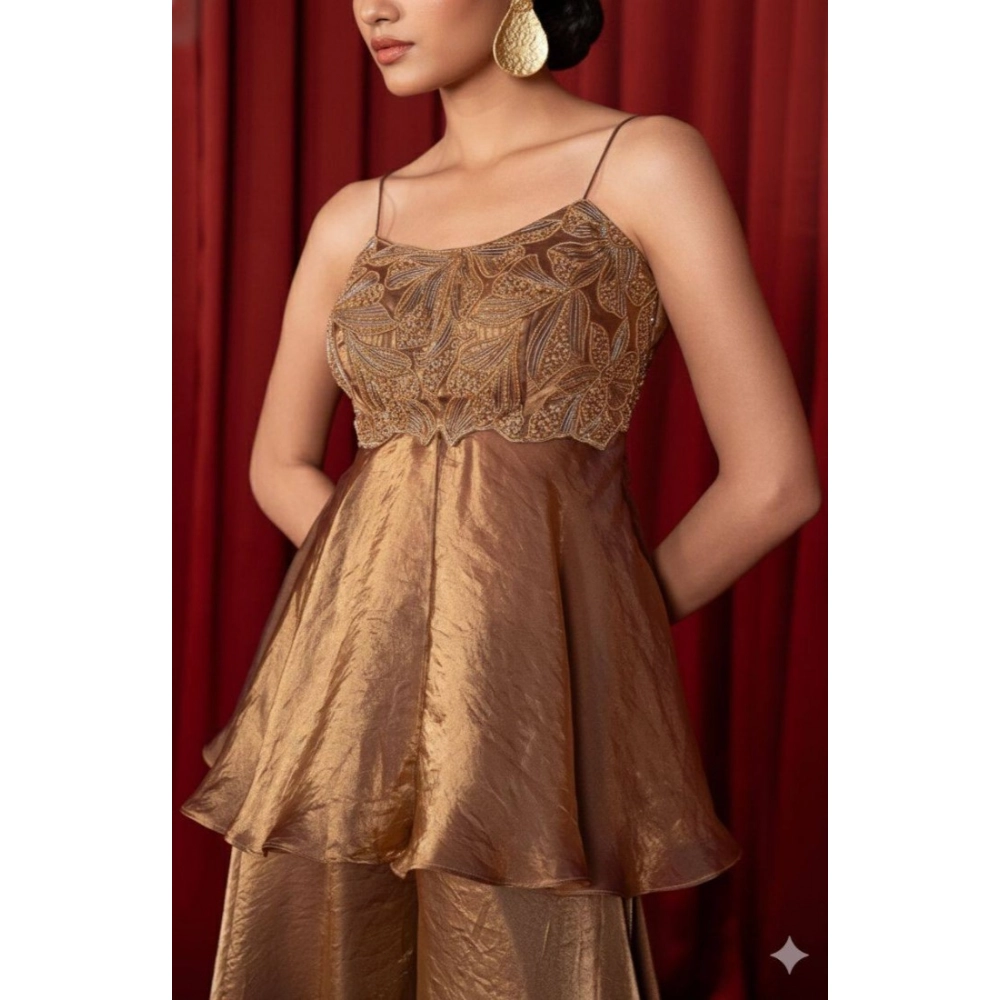 Generic Women's Silk Embroidered Sleeveless Round Kurti With Palazzo Pant and Dupatta Set (Brown) Generic Women's Silk Embroidered Sleeveless Round Kurti With Palazzo Pant and Dupatta Set (Brown)