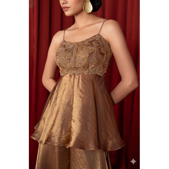 Generic Women's Silk Embroidered Sleeveless Round Kurti With Palazzo Pant and Dupatta Set (Brown) Generic Women's Silk Embroidered Sleeveless Round Kurti With Palazzo Pant and Dupatta Set (Brown)