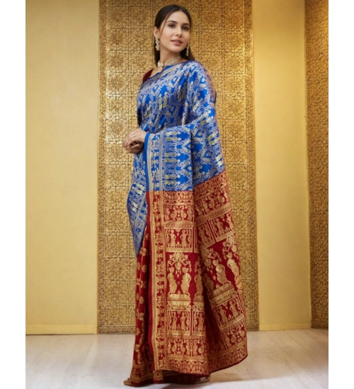 Generic Women's Silk Blend Zari Weaving Saree With Unstitched Blouse 5.5Mtr (Blue)