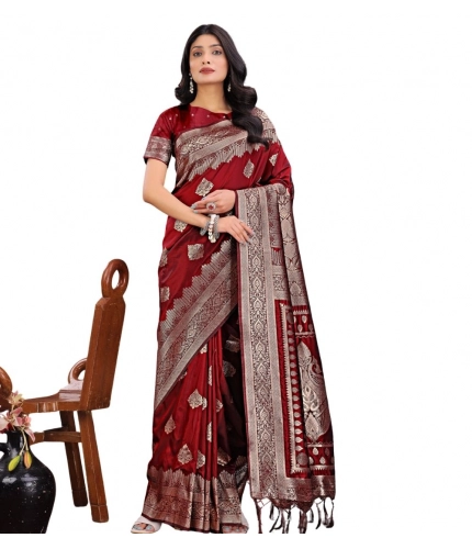 Generic Women's Silk Printed Saree With Unstitched Blouse 5.5Mtr (Maroon)