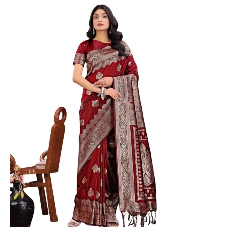 Generic Women's Silk Printed Saree With Unstitched Blouse 5.5Mtr (Maroon)