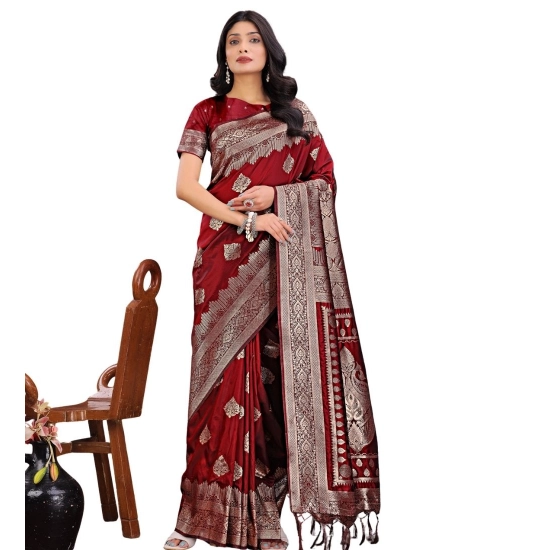 Generic Women's Silk Printed Saree With Unstitched Blouse 5.5Mtr (Maroon)