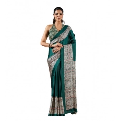 Generic Women's Satin Crepe Printed Saree With Unstitched Blouse 5.5Mtr (Green)