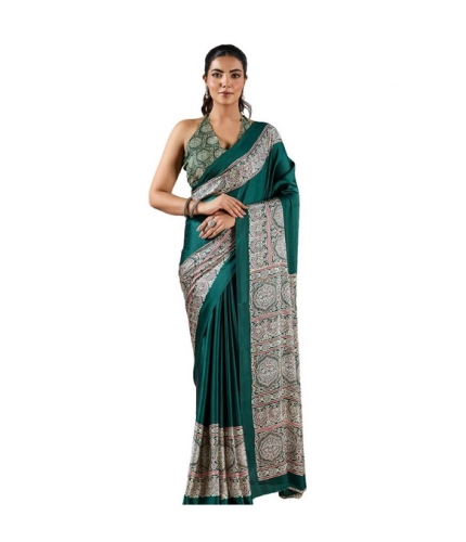 Generic Women's Satin Crepe Printed Saree With Unstitched Blouse 5.5Mtr (Green)