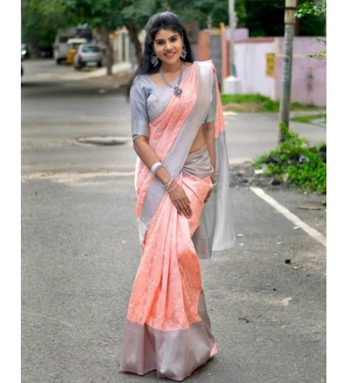 Generic Women's Soft Litchi Silk Jacquard Work Saree With Unstitched Blouse 5.5Mtr (Orange)