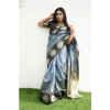Generic Women's Soft Lichi Silk Printed Saree With Unstitched Blouse 5.5Mtr (Grey)