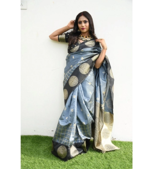 Generic Women's Soft Lichi Silk Printed Saree With Unstitched Blouse 5.5Mtr (Grey)