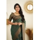 Generic Women's Litchi silk Printed Saree With Unstitched Blouse (Green)