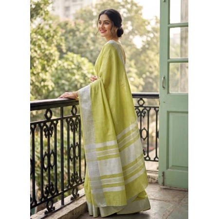 Generic Women's Linen Striped Saree With Unstitched Blouse 5.5Mtr (Light Green)