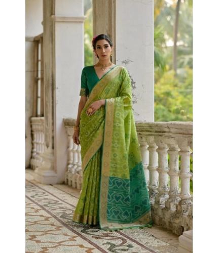Generic Women's Silk_Blend Ethnic Ikat Pattern Saree With Unstitched Blouse 5.5Mtr (Light_Green)