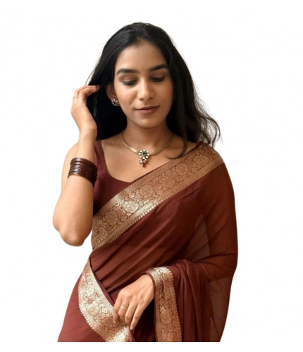 Generic Women's Vichitra Silk Printed Saree With Unstitched Blouse 5.5Mtr (Brown)
