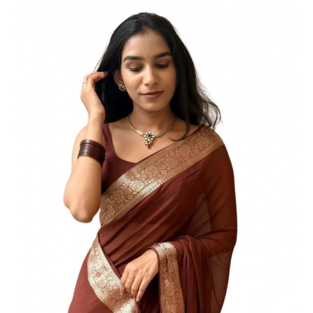 Generic Women's Vichitra Silk Printed Saree With Unstitched Blouse 5.5Mtr (Brown)