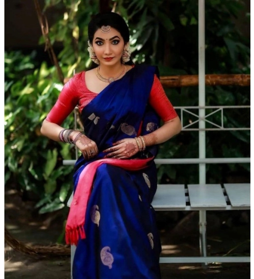 Generic Women's Soft Litchi Silk Jacquard Work Saree With Unstitched Blouse 5.5Mtr (Blue)