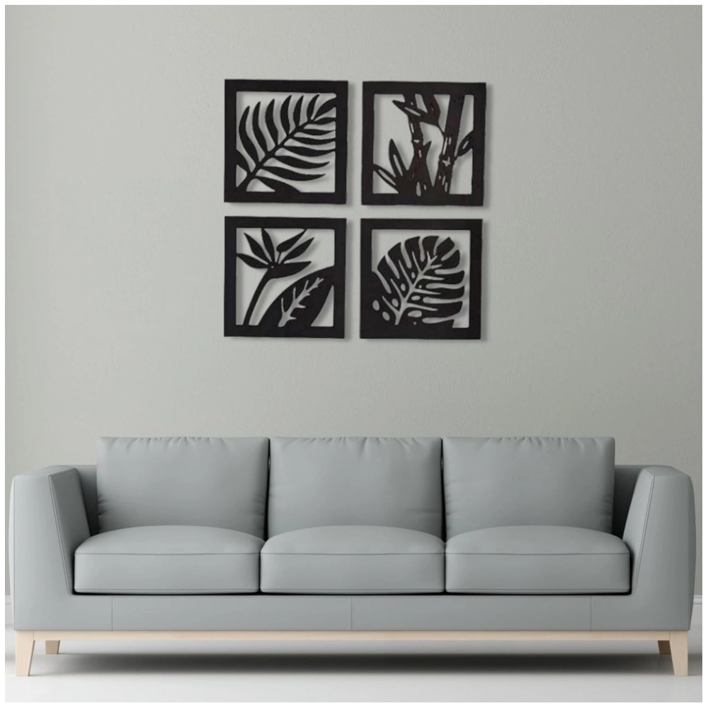 Generic 7 Decore Wooden 4 Pieces Square Tree Leaf Wall Art Panel Frame – Black (Big Size)