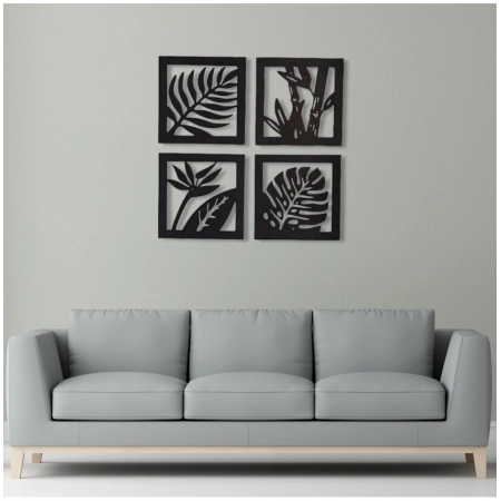 Generic 7 Decore Wooden 4 Pieces Square Tree Leaf Wall Art Panel Frame – Black (Big Size)