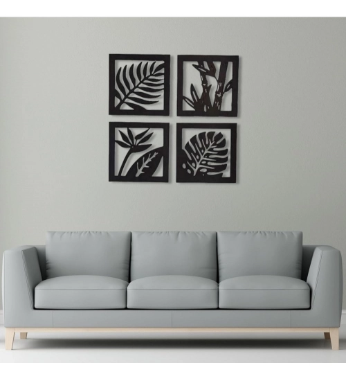 Generic 7 Decore Wooden 4 Pieces Square Tree Leaf Wall Art Panel Frame – Black (Big Size)