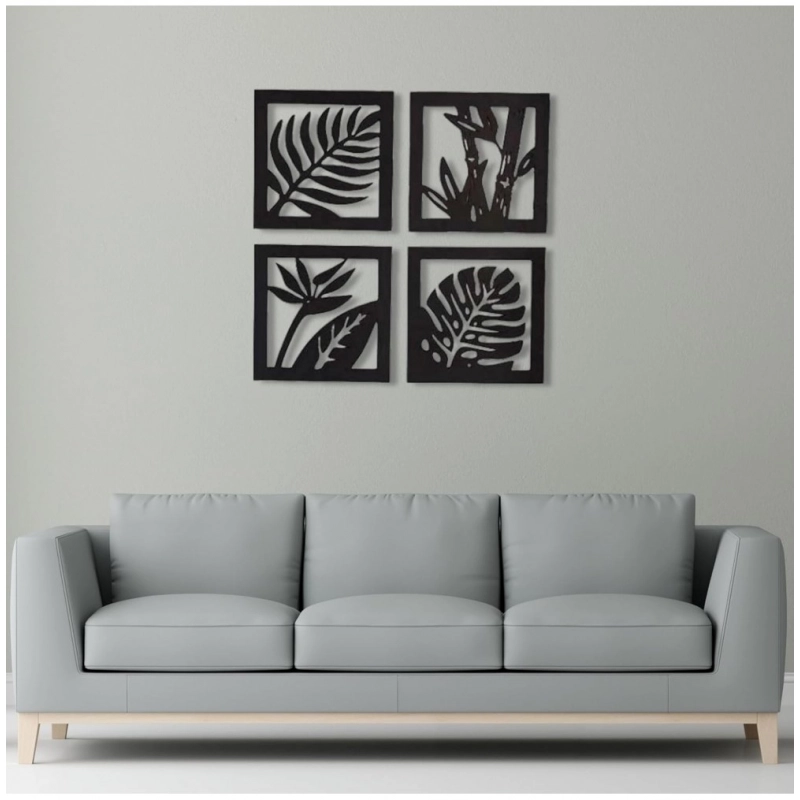 Generic 7 Decore Wooden 4 Pieces Square Tree Leaf Wall Art Panel Frame – Black (Big Size)