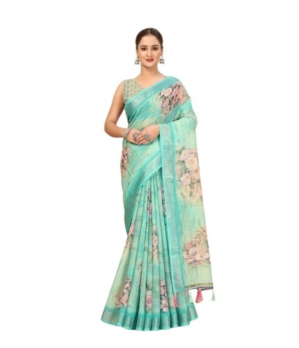 Generic Women's Cotton Silk Floral Printed Saree With Unstitched Blouse 5.5Mtr (Multicolor)