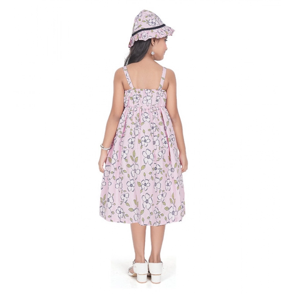 Generic Girl's Cotton Printed Sleeve Less Round Neck Dress (Pink)