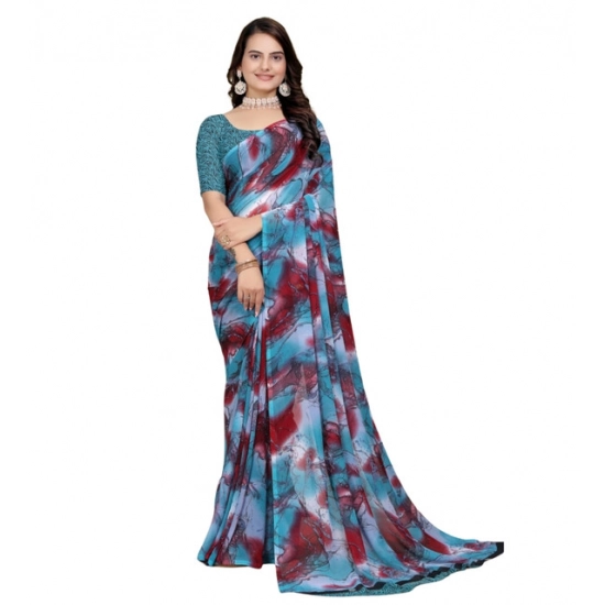 Generic Women's Georgette Printed Saree With Unstitched Blouse 5.5Mtr (Blue-Maroon)