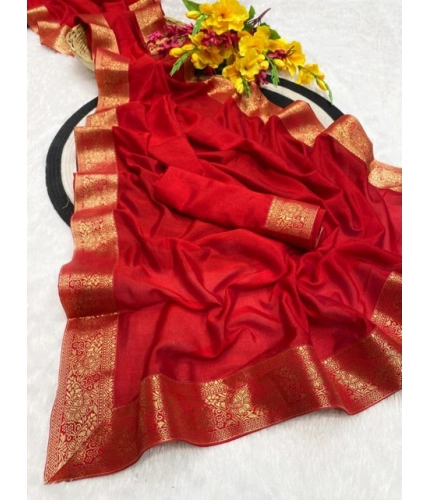 Generic Women's Vichitra Silk Printed Saree With Unstitched Blouse 5.5Mtr (Red)