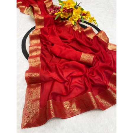 Generic Women's Vichitra Silk Printed Saree With Unstitched Blouse 5.5Mtr (Red)