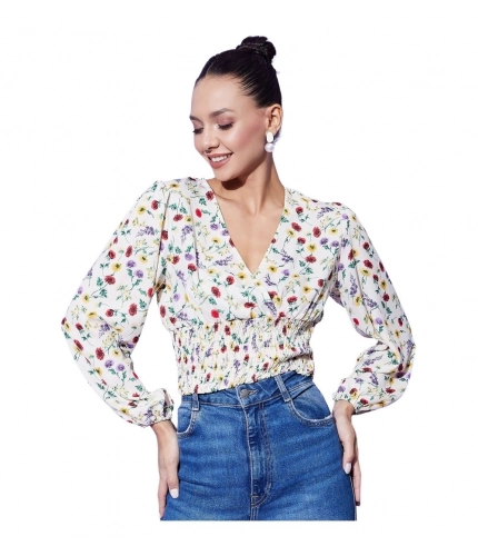 Generic Women's Polyester Floral Long Sleeves Top (Multicolor)