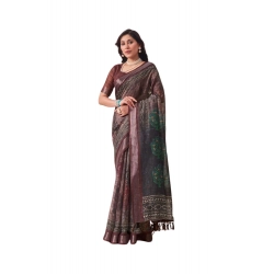 Generic Women's Faux_Linen Printed Saree With Unstitched Blouse 5.5Mtr (Brown)