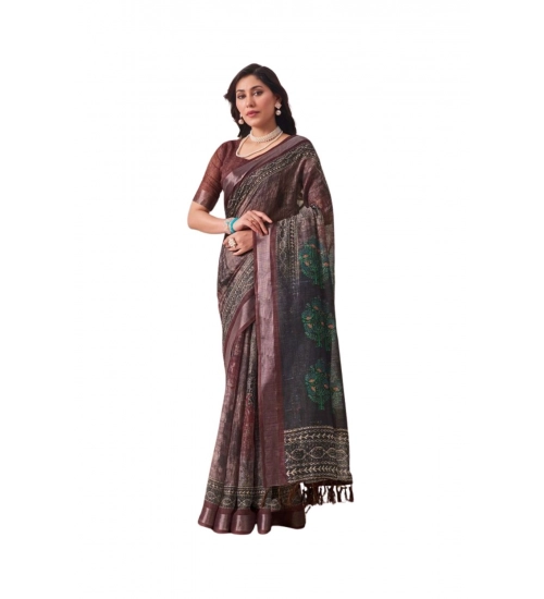 Generic Women's Faux_Linen Printed Saree With Unstitched Blouse 5.5Mtr (Brown)
